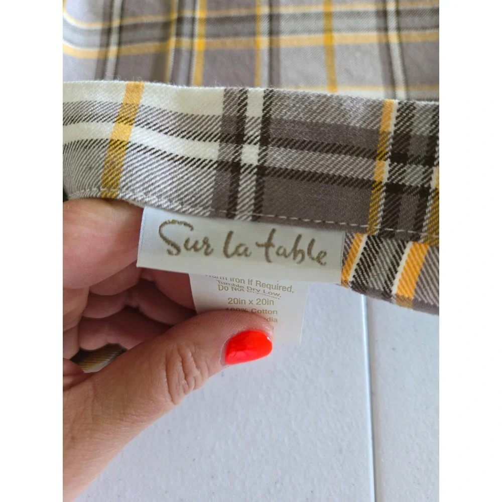 Sur La Table Plaid Cotton Napkins‎ Set of 11 Grey White Yellow 20x20 Farmhouse